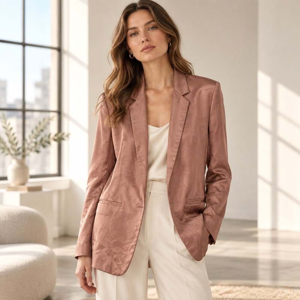 Express Blazer Size M Rose Pink Satin Polyester Long Open Front Jacket